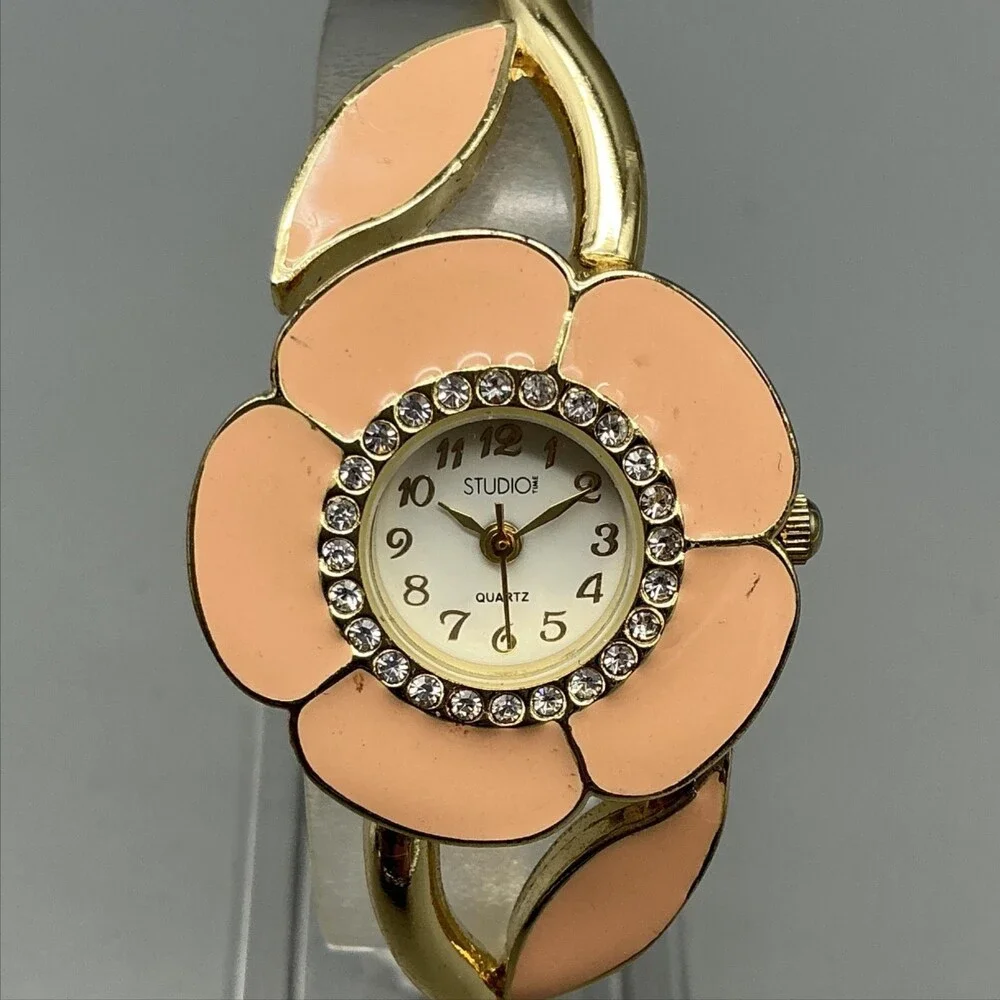Studio Time Womens Watch 29mm Pink Flower Crystals Hinged Bangle New Batt